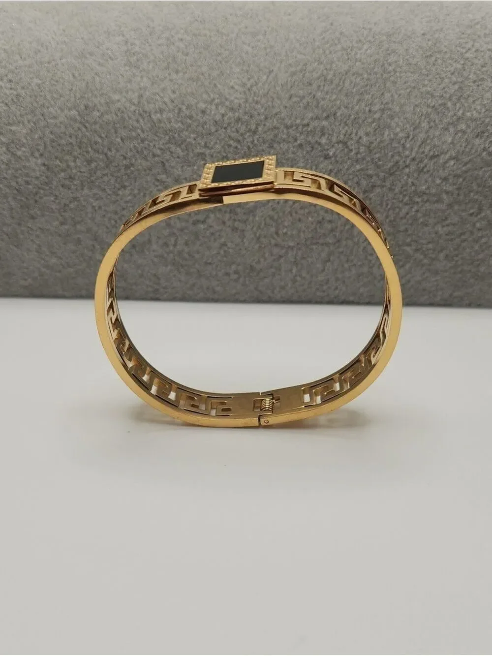 18k Gold Plated Stainless Steel Greek Key Black Enamel Bangle Bracelet Jewelry